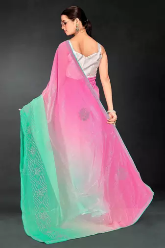 Pink & sea green color hot fix siroski work crunchy pedding silk blend saree with banglori silk blend blouse
