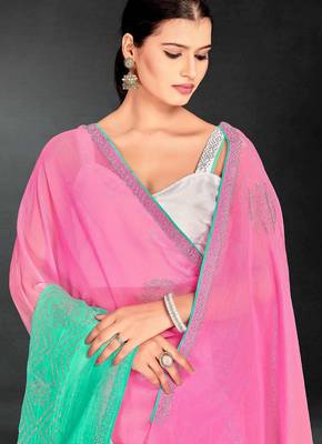 Pink & sea green color hot fix siroski work crunchy pedding silk blend saree with banglori silk blend blouse 4