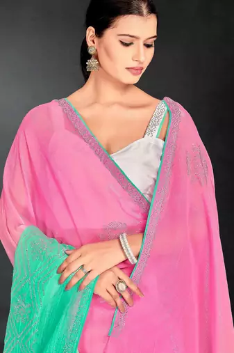 Pink & sea green color hot fix siroski work crunchy pedding silk blend saree with banglori silk blend blouse