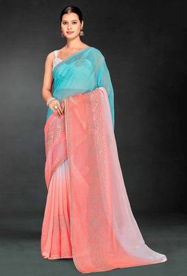 Peach & sky color hot fix siroski work crunchy pedding silk blend saree with banglori silk blend blouse 1