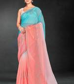 Peach & sky color hot fix siroski work crunchy pedding silk blend saree with banglori silk blouse
