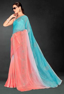 Peach & sky color hot fix siroski work crunchy pedding silk blend saree with banglori silk blend blouse 2