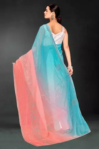 Peach & sky color hot fix siroski work crunchy pedding silk blend saree with banglori silk blend blouse