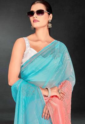 Peach & sky color hot fix siroski work crunchy pedding silk blend saree with banglori silk blend blouse 4