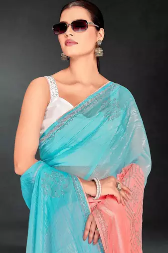 Peach & sky color hot fix siroski work crunchy pedding silk blend saree with banglori silk blend blouse