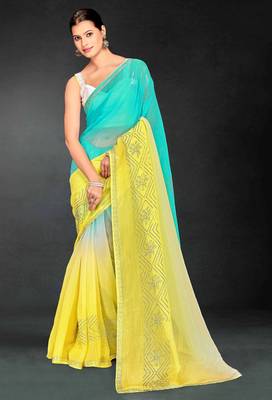 Sky & yellow color hot fix siroski work crunchy pedding silk blend saree with banglori silk blend blouse 1