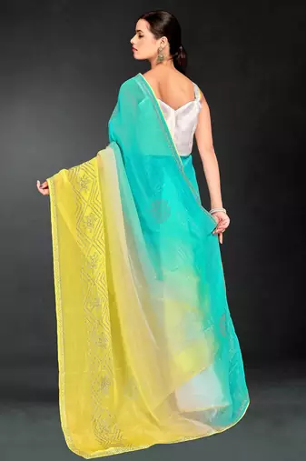 Sky & yellow color hot fix siroski work crunchy pedding silk blend saree with banglori silk blend blouse