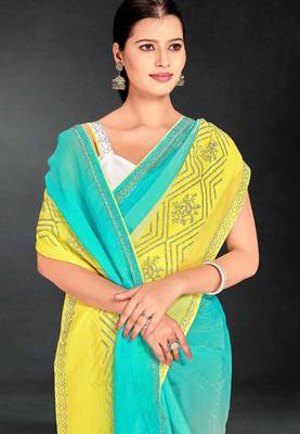 Sky & yellow color hot fix siroski work crunchy pedding silk blend saree with banglori silk blend blouse 4
