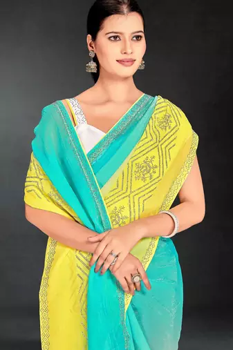 Sky & yellow color hot fix siroski work crunchy pedding silk blend saree with banglori silk blend blouse