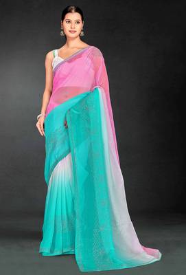 Pink & sky color hot fix siroski work crunchy pedding silk blend saree with banglori silk blend blouse 1