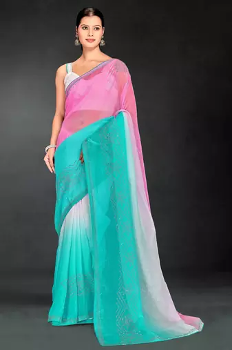 Pink & sky color hot fix siroski work crunchy pedding silk blend saree with banglori silk blouse