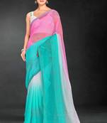 Pink & sky color hot fix siroski work crunchy pedding silk blend saree with banglori silk blouse