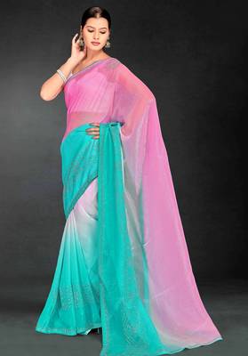 Pink & sky color hot fix siroski work crunchy pedding silk blend saree with banglori silk blend blouse 2