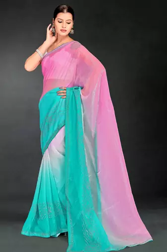 Pink & sky color hot fix siroski work crunchy pedding silk blend saree with banglori silk blend blouse