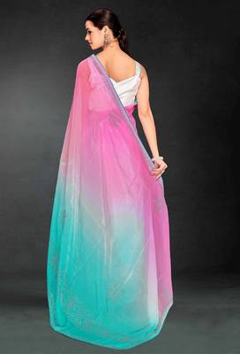 Pink & sky color hot fix siroski work crunchy pedding silk blend saree with banglori silk blend blouse 3