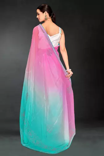 Pink & sky color hot fix siroski work crunchy pedding silk blend saree with banglori silk blend blouse