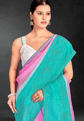 Pink & sky color hot fix siroski work crunchy pedding silk blend saree with banglori silk blend blouse 4