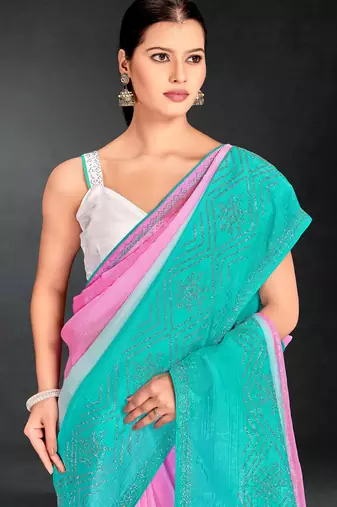 Pink & sky color hot fix siroski work crunchy pedding silk blend saree with banglori silk blend blouse