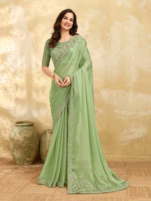 Trendmalls Chiffon Embroidery Sequence work Saree with Unstitched Blouse Piece 1
