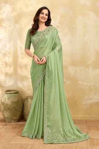 Trendmalls Chiffon Embroidery Sequence work Saree with Unstitched Blouse Piece