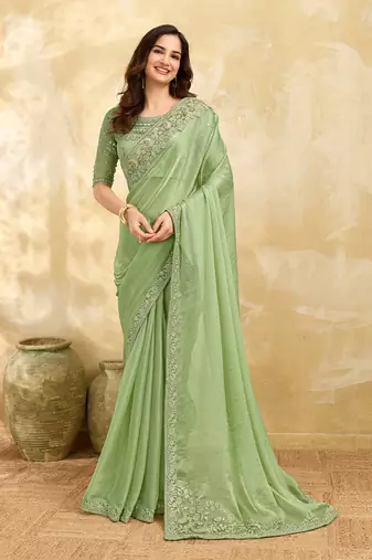 Trendmalls Chiffon Embroidery Sequence work Saree with Unstitched Blouse Piece
