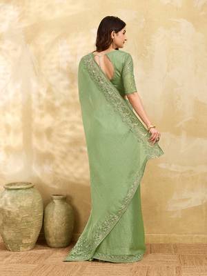Trendmalls Chiffon Embroidery Sequence work Saree with Unstitched Blouse Piece 2