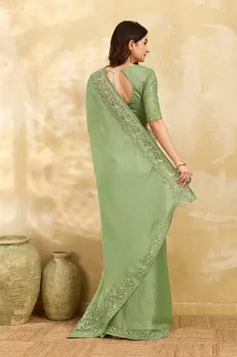Trendmalls Chiffon Embroidery Sequence work Saree with Unstitched Blouse Piece