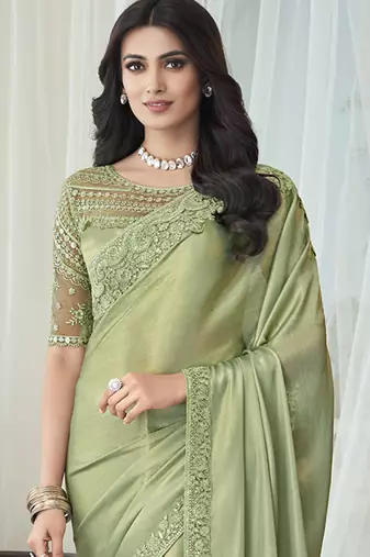 Trendmalls Chiffon Embroidery Sequence work Saree with Unstitched Blouse Piece