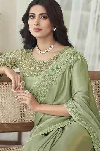 Trendmalls Chiffon Embroidery Sequence work Saree with Unstitched Blouse Piece