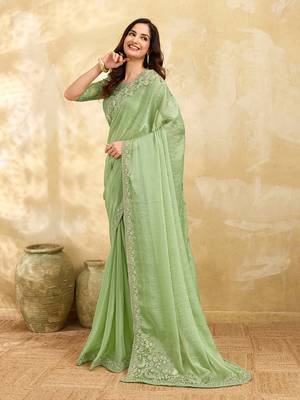 Trendmalls Chiffon Embroidery Sequence work Saree with Unstitched Blouse Piece 3