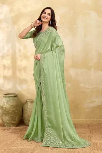Trendmalls Chiffon Embroidery Sequence work Saree with Unstitched Blouse Piece