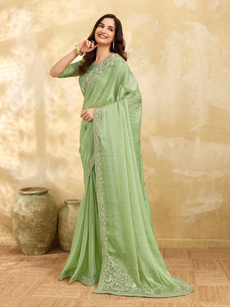 Trendmalls Chiffon Embroidery Sequence work Saree with Unstitched Blouse Piece
