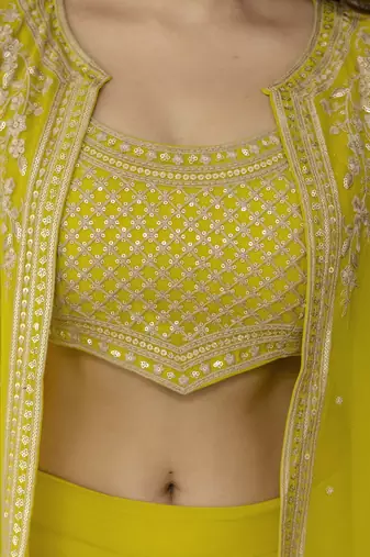 Georgette Embroidery Work Crop Top with Flared Palazzo and Shrug Set