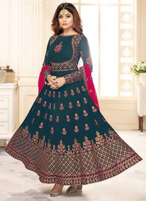 Teal Blue Georgette Embroidered Wedding Wear Designer Semi-Stiched Suit 1