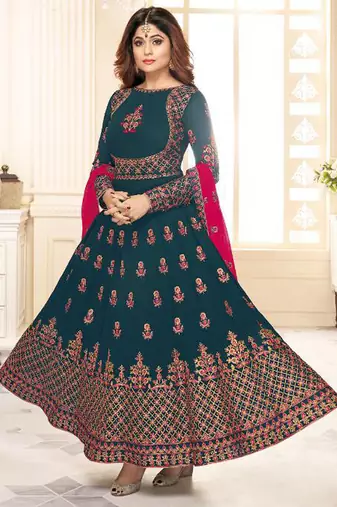 Teal Blue Georgette Embroidered Wedding Wear Designer Semi-Stiched Suit