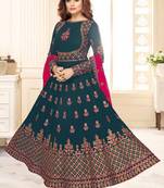 Teal Blue Georgette Embroidered Wedding Wear Designer Semi-Stiched Suit