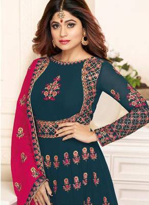 Teal Blue Georgette Embroidered Wedding Wear Designer Semi-Stiched Suit 2