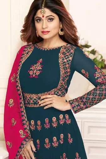 Teal Blue Georgette Embroidered Wedding Wear Designer Semi-Stiched Suit