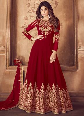 Maroon Georgette Zari Embroidered Wedding Wear Anarkali Semi-Suit 1