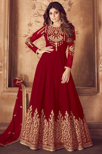 Maroon Georgette Zari Embroidered Wedding Wear Anarkali Semi-Suit