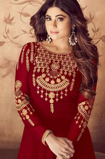Maroon Georgette Zari Embroidered Wedding Wear Anarkali Semi-Suit