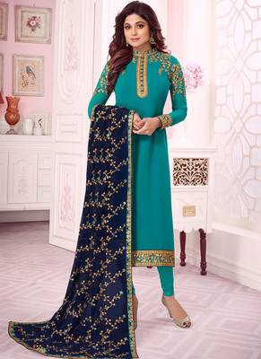 Teal Blue Georgette Embroidered Wedding Wear Designer Semi-Stiched Suit 1