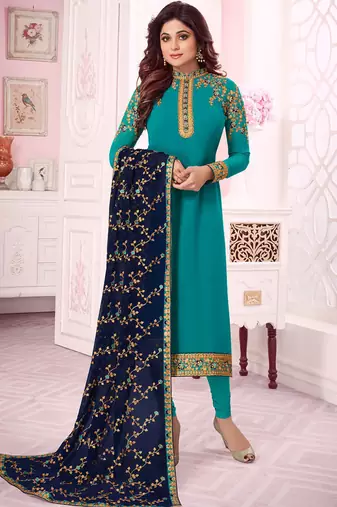 Teal Blue Georgette Embroidered Wedding Wear Designer Semi-Stiched Suit