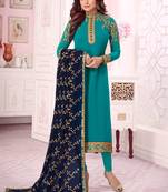Teal Blue Georgette Embroidered Wedding Wear Designer Semi-Stiched Suit