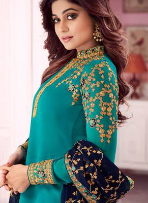 Teal Blue Georgette Embroidered Wedding Wear Designer Semi-Stiched Suit 2