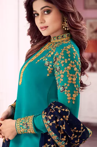 Teal Blue Georgette Embroidered Wedding Wear Designer Semi-Stiched Suit