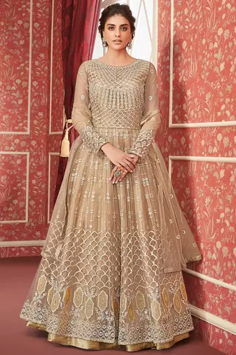 Cream Net Semi Stitched Party Gown Anarkali