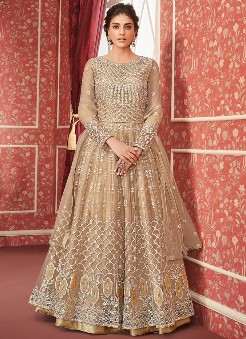 Cream Net Semi Stitched Party Gown Anarkali