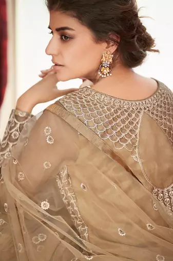 Cream Net Semi Stitched Party Gown Anarkali