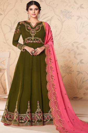 Mehendi Georgette Embroidered Wedding Wear Designer Anarkali Suit